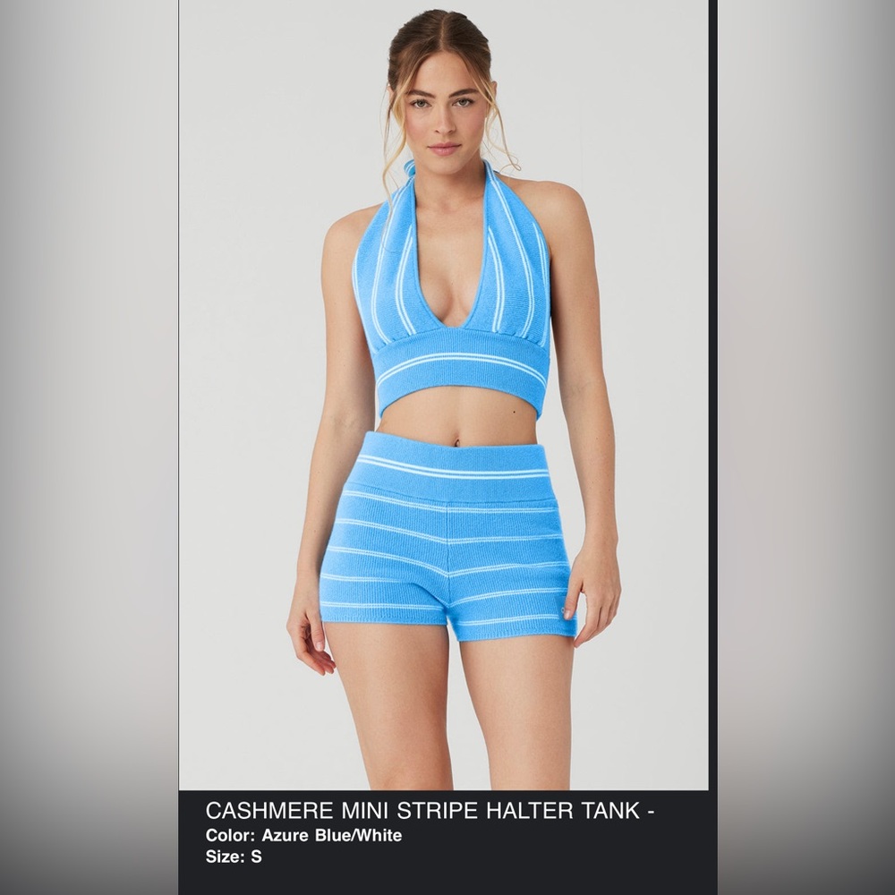 NWT ALO Yoga Cashmere Mini Stripe Azure Halter Top & Shorts Small - Picture 3 of 12